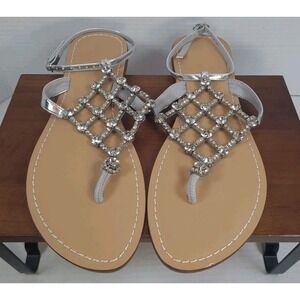 UTIKLIOU Women's Silver Rhinestone Flat Sandals T-Strap Ankle Strap Size 10.5‎